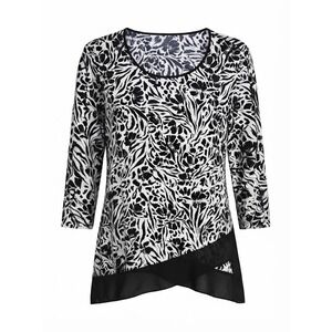 NEW Allison Daley Woman 2X Tunic Top Black White Floral Zebra Chiffon Hem